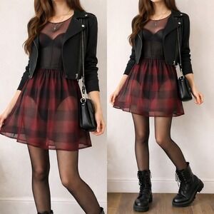Seventeen Junior Sheer Plaid Dress Indie Sleaze Dark Academia Mallcore Y2K NWT